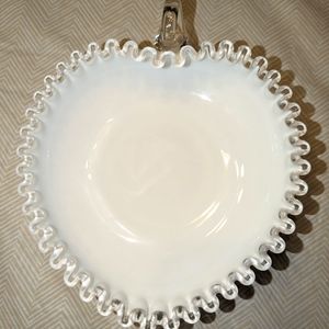 7.5" HEART CANDY DISH W/ HANDLE MILK GLASS- SILVER CREST RUFFLE - FENTON